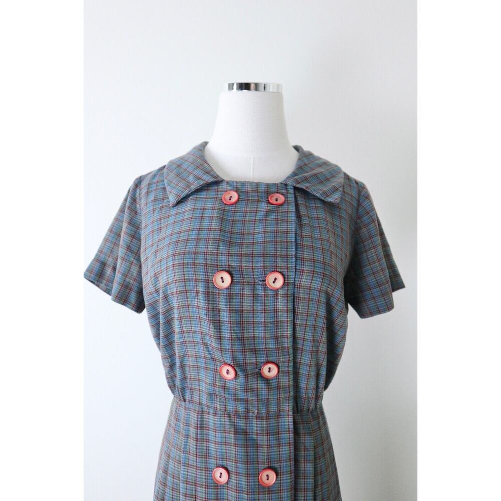 Vintage 1950s John Norman Inc. Double Breasted Shirt Dress Plaid Short Sleeve - Picture 2 of 14